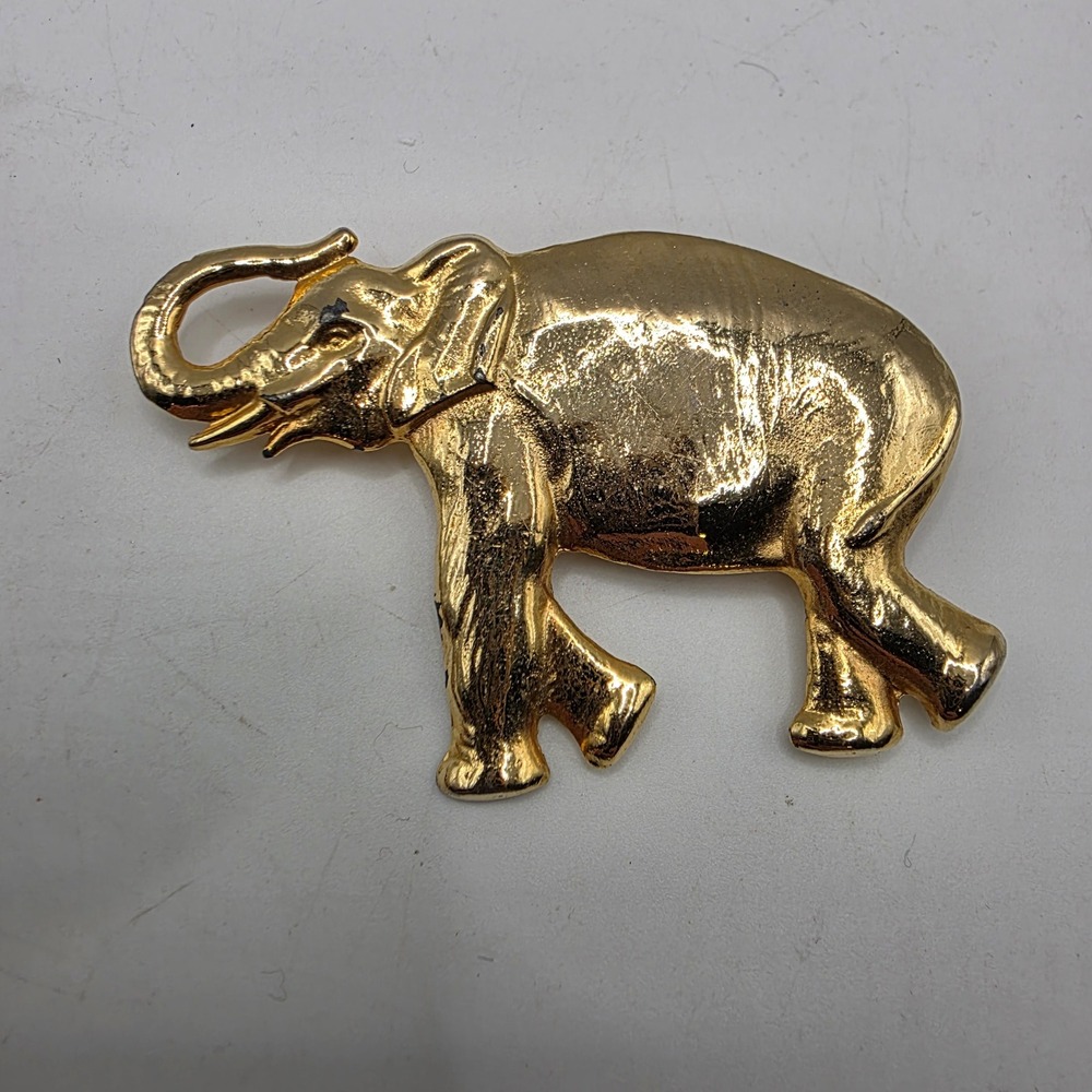 Vintage Gold Tone Elephant Brooch Textured Animal Statement Pin 2.75 Inch